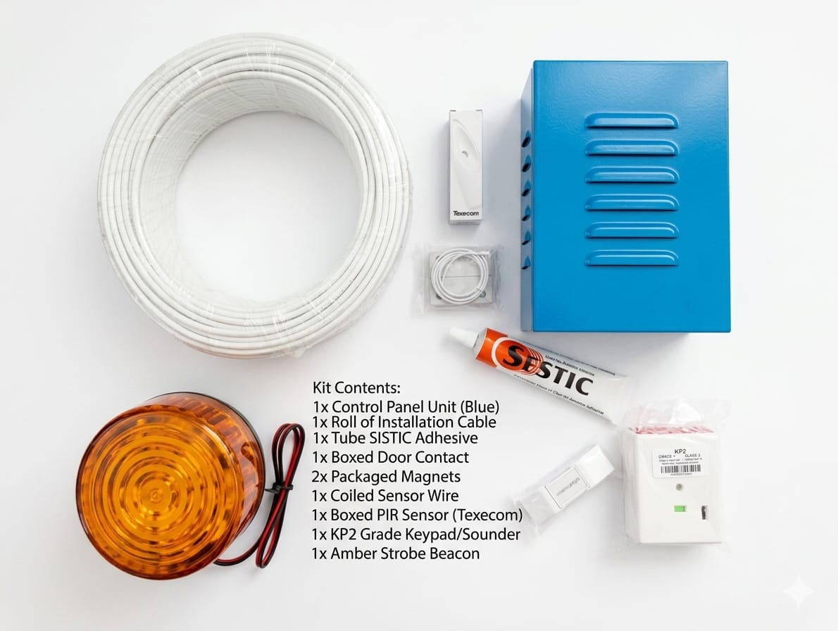 Siren boxStrobe lightPanic buttonsAlarm cable